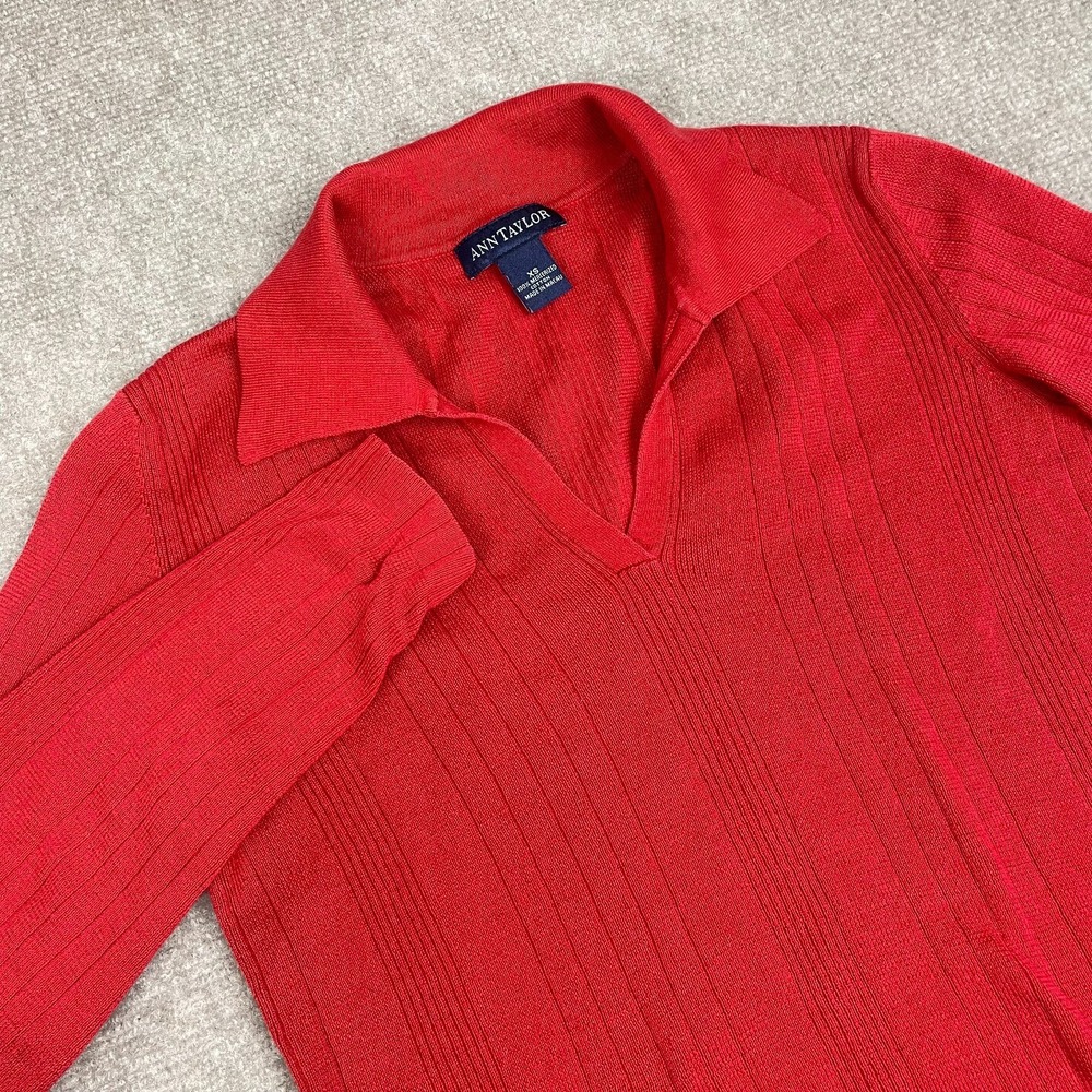 Ann Taylor Sweater Womens XS Red Ribbed Knit Long Sleeve Collared Pullover